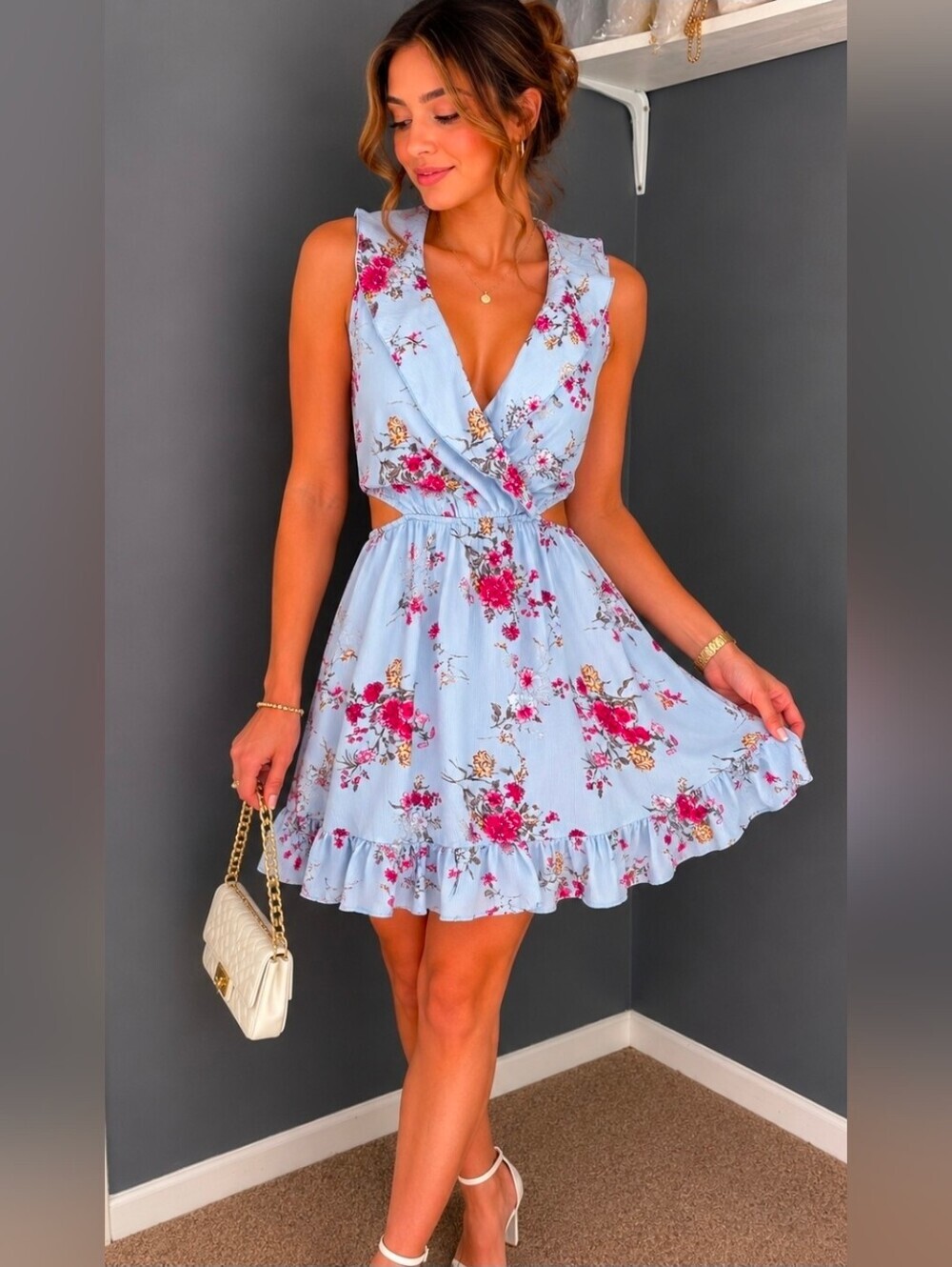 Floral Wrap Dress in Light Blue